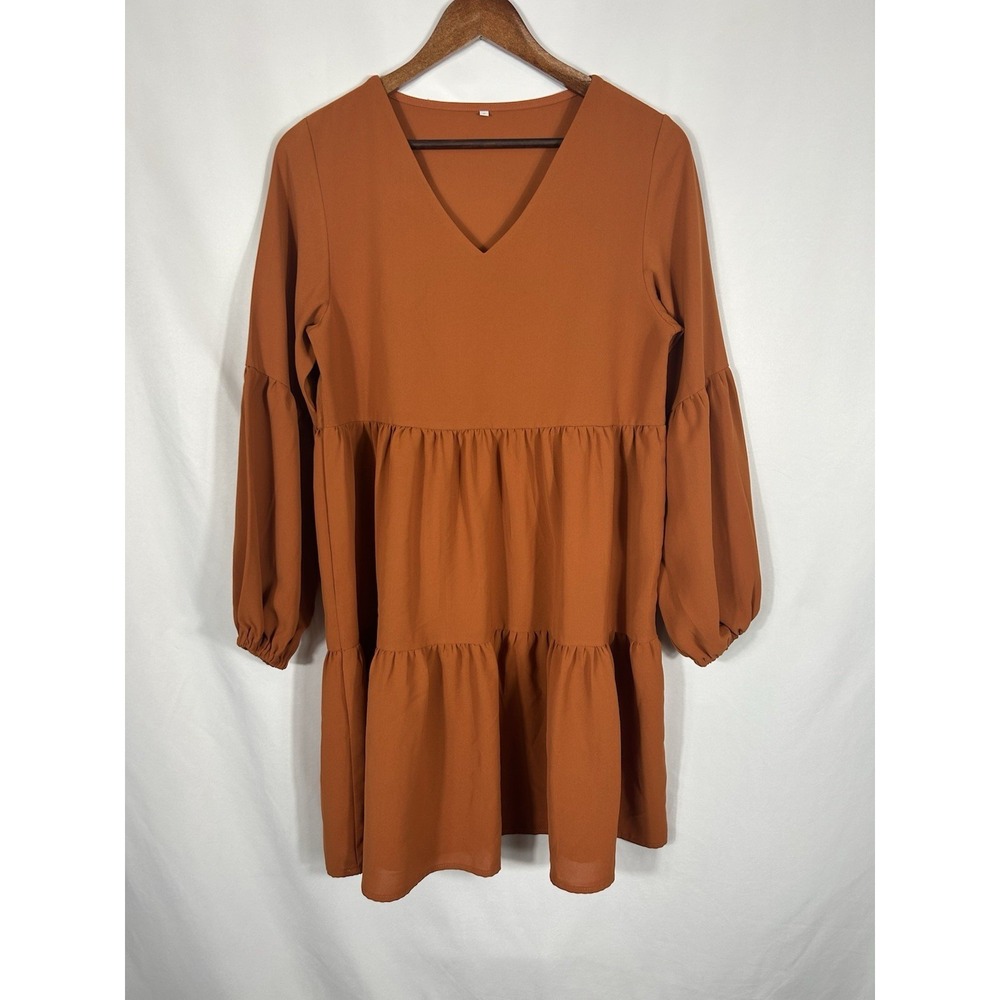 Womens Oversized Smocked Puff Sleeve Dress Size S Cottagecore Boho Tiered Earthy - Picture 5 of 11